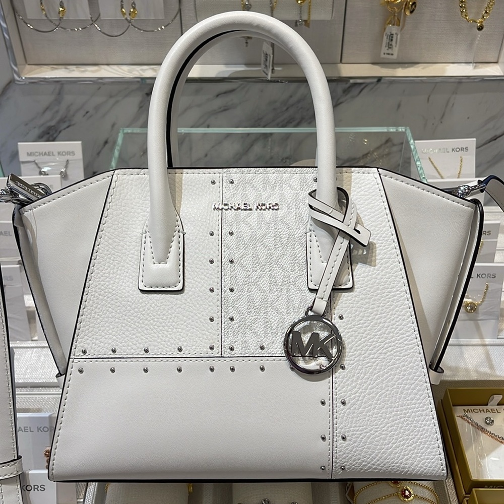 Michael Kors Avril Small Studded Patchwork and Signature Logo Satchel Crossbody